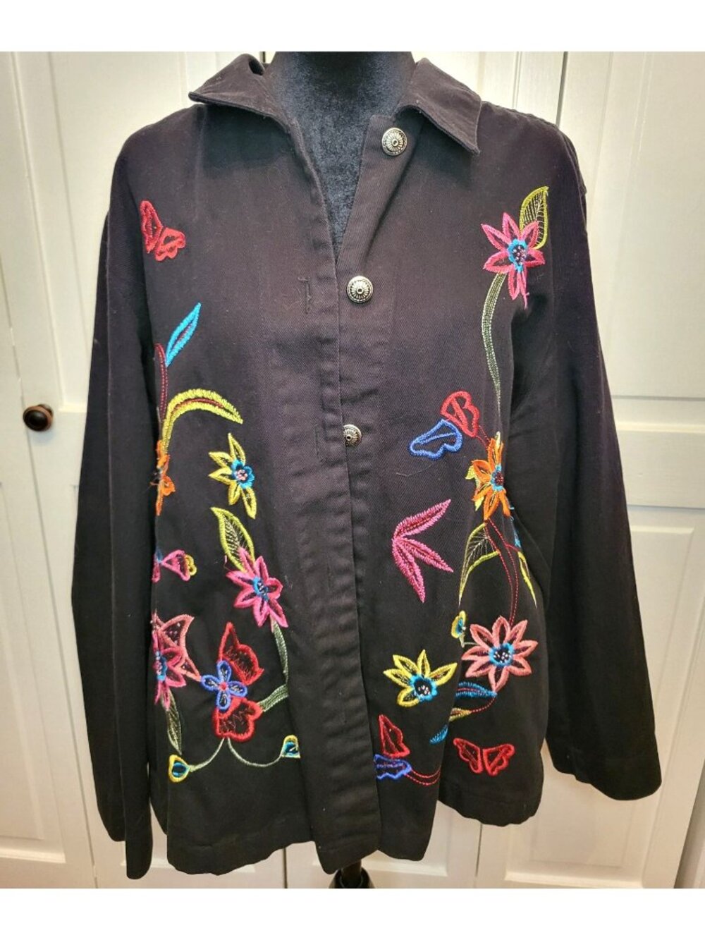 Vintage 90s Y2K White Stag Black Denim Jacket Beaded Embroidery XL Whimsygoth